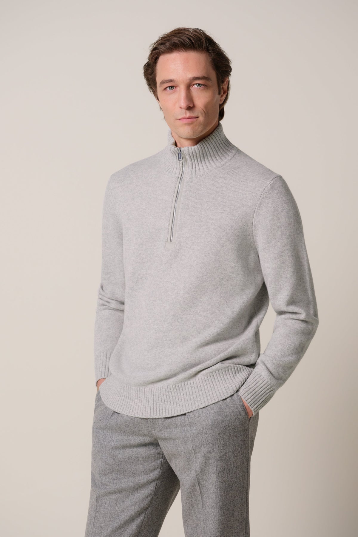 Grijze soft wollen half zip