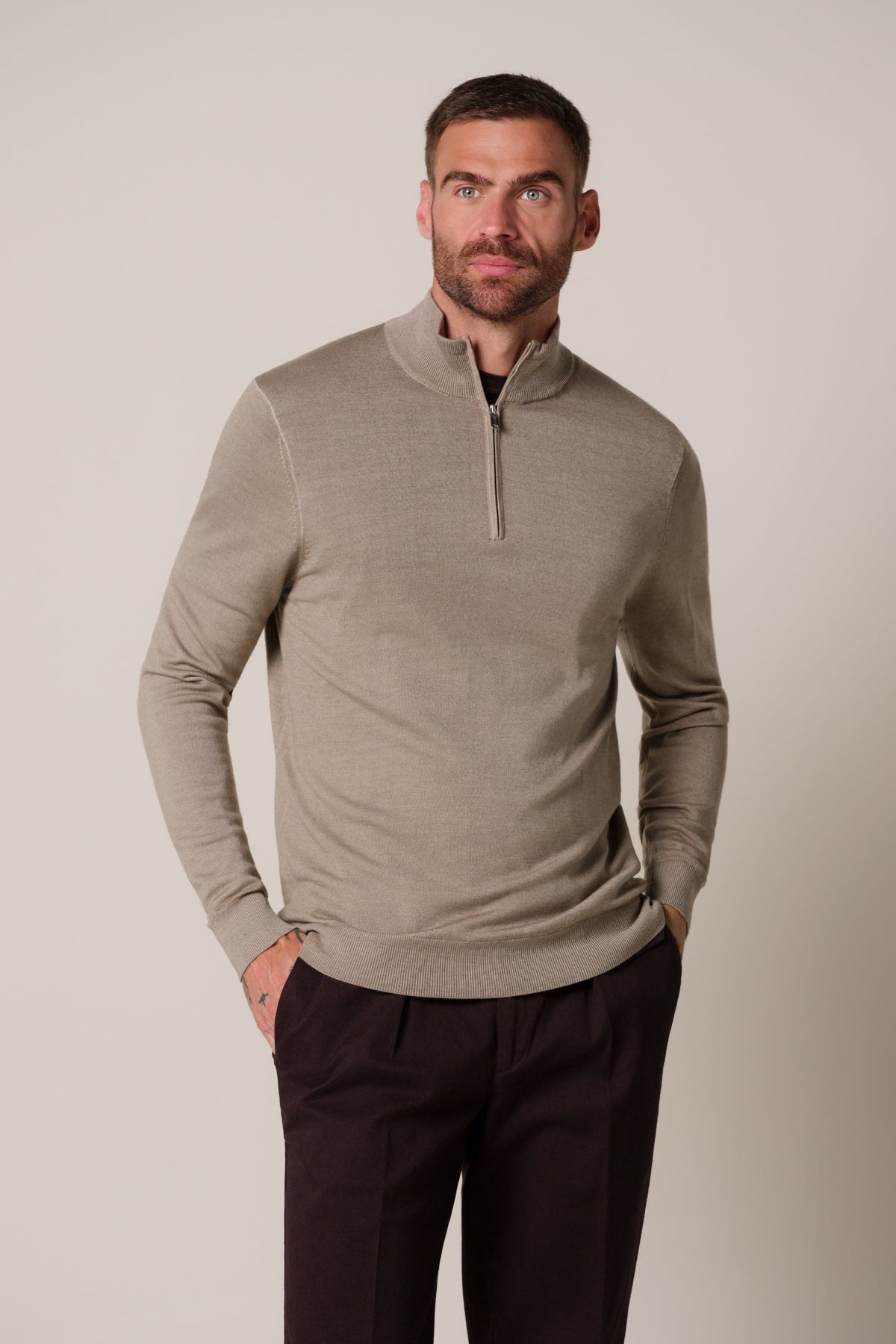 Beige Garment Dye merino half zip