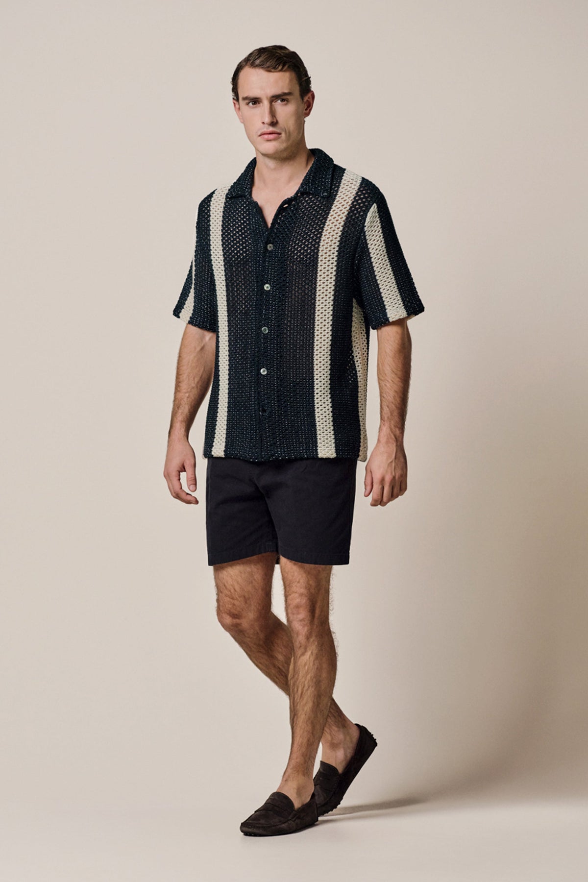 Navy crochet button through polo