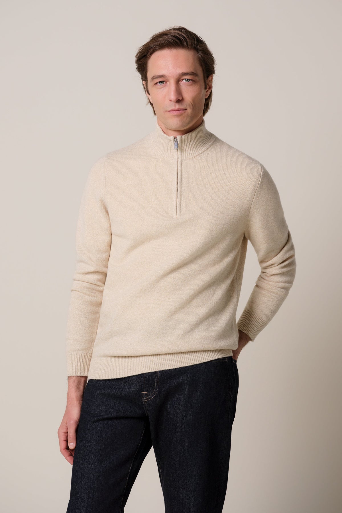 Zand two-tone wollen half zip
