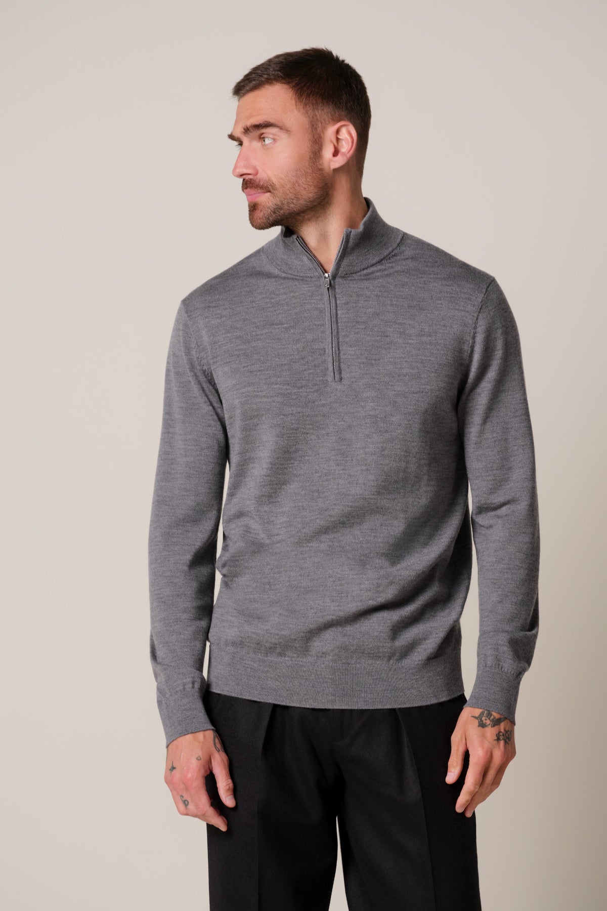 Donkergrijze merino half zip
