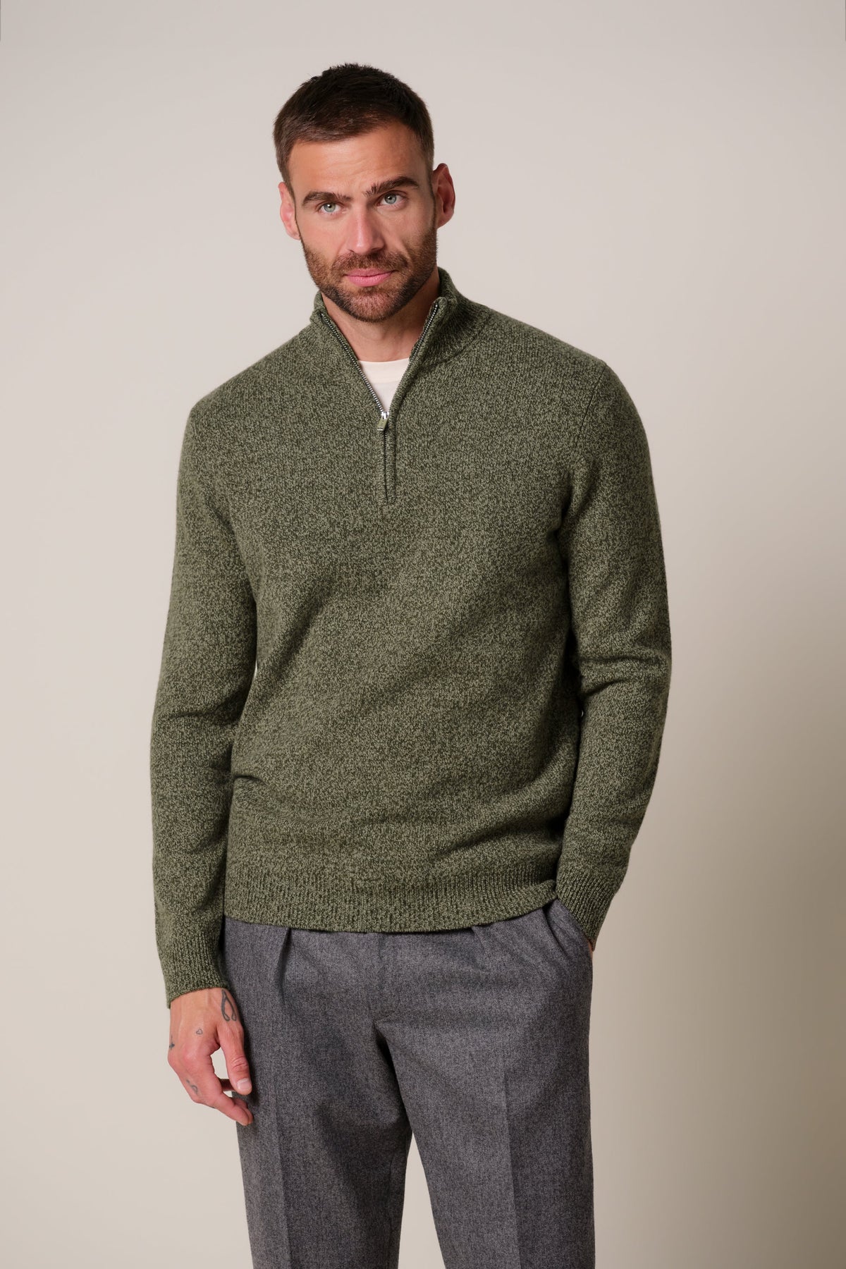 Groene two-tone wollen half zip