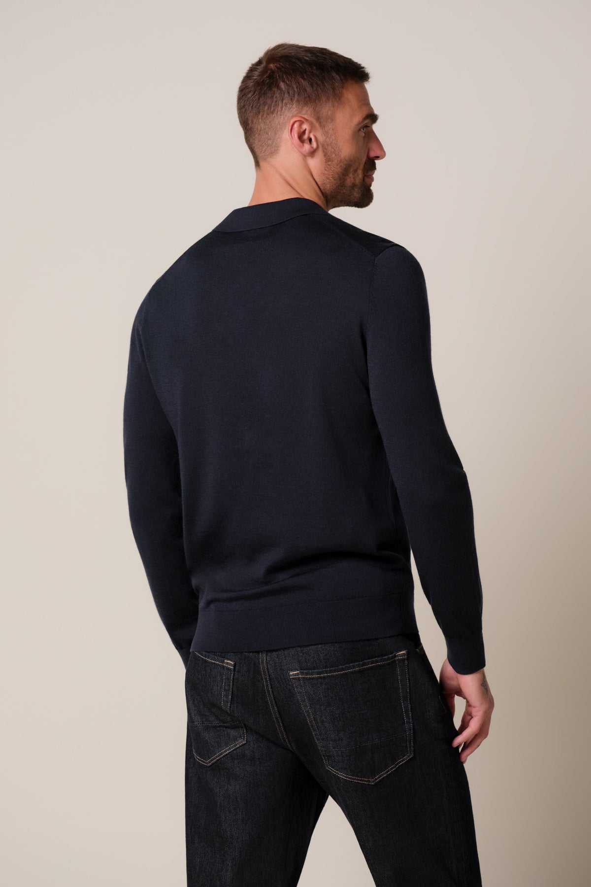 Navy merino open kraag polo